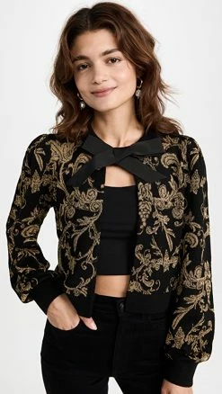 Alice + Olivia Kitty Puff Sleeve Cardigan Black/Gold