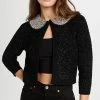 Alice + Olivia Akira Textured Cardi With Embellished Crystals Black Metallic