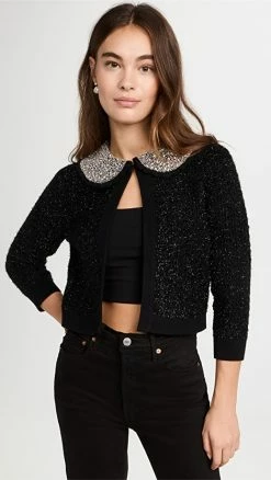 Alice + Olivia Akira Textured Cardi With Embellished Crystals Black Metallic