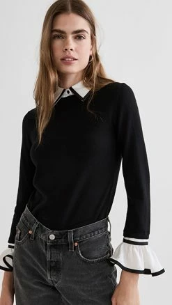Alice + Olivia Justina Woven Combo Long Sleeve Sweater Black Combo