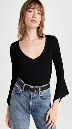 Autumn Cashmere Ribbed V Neck With Rectangle Cuffs Black