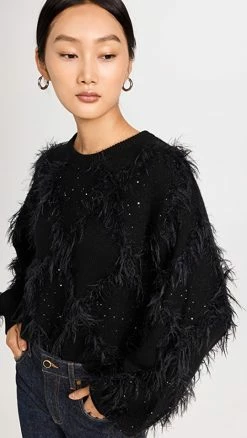 Autumn Cashmere Sequin Diamond Stitch Crew Sweater With Eyelash Trim Black