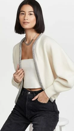 Alexander Wang Cropped Cardigan With Crystal Tubular Neckline Ivory