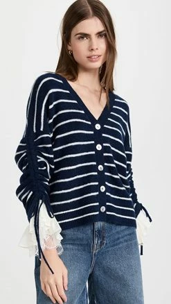 Cinq à Sept Striped Atlas Cardigan Navy/Ivory