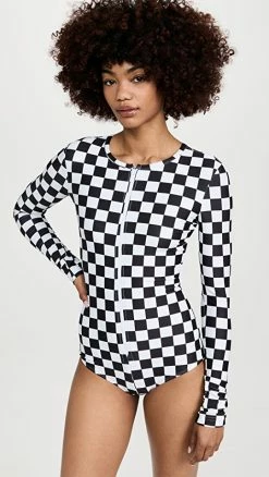 Cover Long Sleeve Rash Guard Swimsuit Black White Check