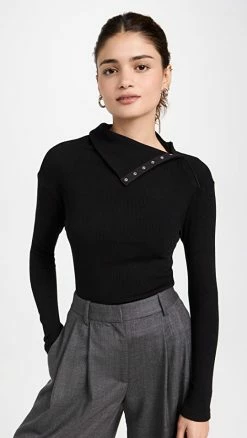 Enza Costa Knit Split Collar Sweater Black