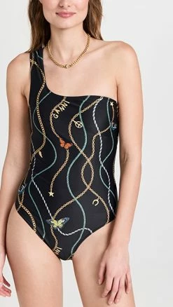 GANNI Recycled Printed One Shoulder Once Piece Swimsuit Black