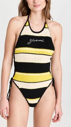 GANNI Crochet Tieband Swimsuit Golden Kiwi