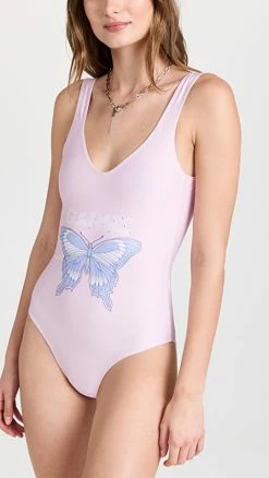 GANNI Graphic Deep Cut One Piece Swimsuit Light Lilac