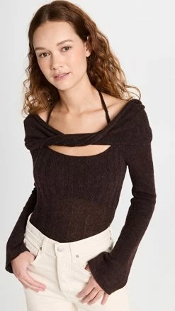 Jonathan Simkhai Cambria Sheer Alpaca Off Shoulder With Halter Ties Chocolate