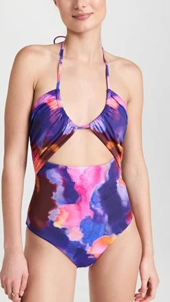 Jonathan Simkhai Judite Watercolor Print Swimwear Halter Swimsuit Cobalt Watercolor