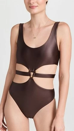 Jonathan Simkhai Emelia Coated Satin Swimwear Cut Out Swimsuit Dark Chocolate