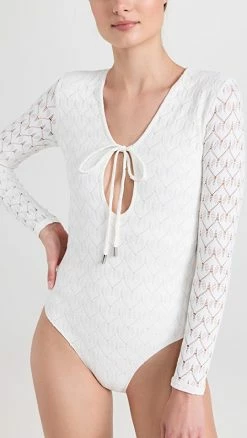 Jonathan Simkhai Birdie Crochet Lace Swimwear Deep V Swimsuit White