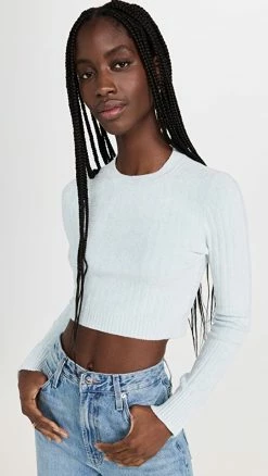 JoosTricot Crop Solid Chenille Sweater Light Blue