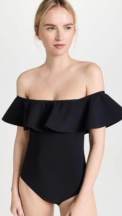 Karla Colletto Off Shoulder Flounce Swimsuit Black
