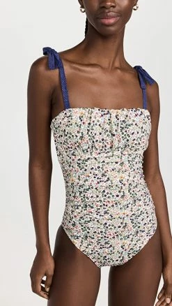 Karla Colletto Claire Bandeau One Piece With Shelf Bra And Ties Multicolor/Blue Denim