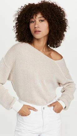 Line & Dot Favorite Off Shoulder Ribbed Sweater Ivory/Taupe