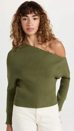 Line & Dot Blair Off Shoulder Sweater Olive Green