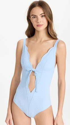 Lisa Marie Fernandez Scallop Bow Maillot Vintage Blue Seersucker