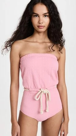 Lisa Marie Fernandez Victor Drawstring Maillot One Piece Swimsuit Vintage Pink Seersucker
