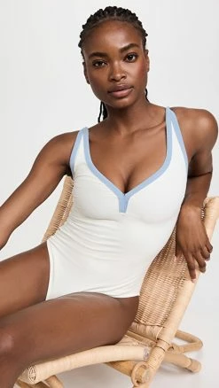 Lisa Marie Fernandez Maria Maillot Cream Crepe W/ Blue Piping