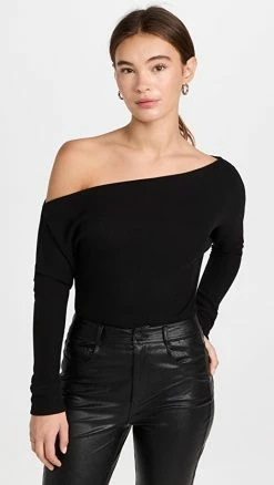 LNA Einar Waffle Off Shoulder Top Black
