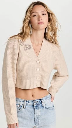 LoveShackFancy Larsa Crop Cardigan Wheat