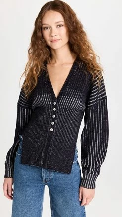 3.1 Phillip Lim Bi Color Rib Long Sleeve Cardigan Eclipse-Off White