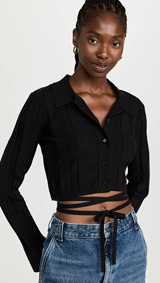 Something Navy Waist Tie Button Up Sweater Black 3 Something Navy Waist Tie Button Up Sweater Black