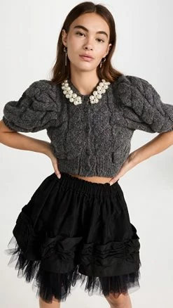 Simone Rocha Beaded Cropped Short Puff Sleeve Cardigan Charcoal/Pearl/Clear