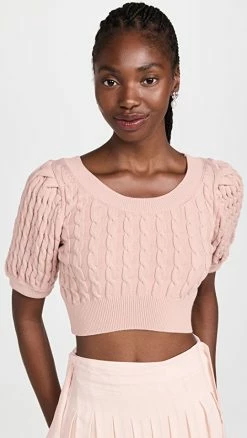Simone Rocha Cropped Puff Sleeve Cable Top Rose