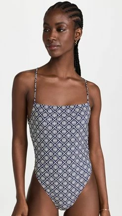 Tory Burch Logo Printed One Piece Swimsuit T Monogram Tory Navy / Sesame