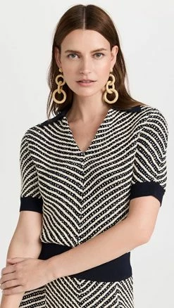 Tory Burch Chevron Stripe Short Sleeve Polo French Cream/Medium Navy