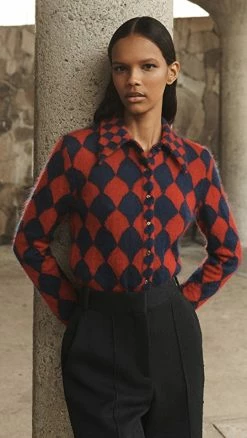 Tory Burch Jacquard Knit Sweater Indigo Sky/Red Flame