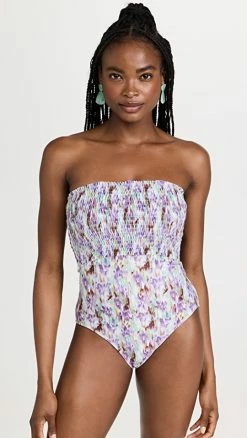 Tanya Taylor Kendra Smocked One Piece Painterly Ikat Pansy Multi