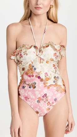 Zimmermann Laurel Wire Frill Halter One Piece Pink Green Floral
